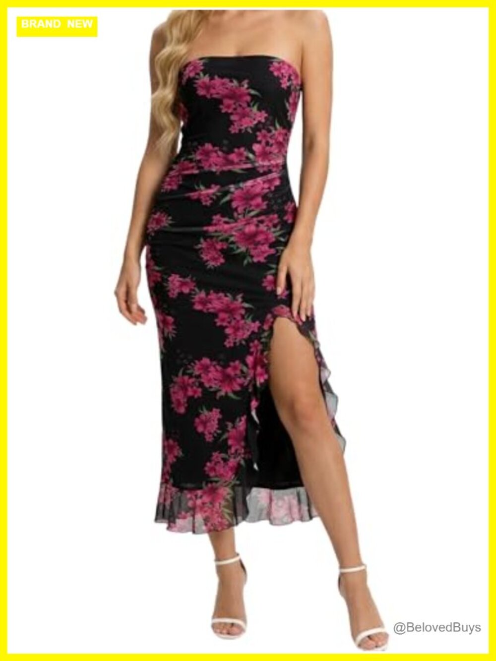 Floral Strapless Maxi Dress Bodycon Wedding Guest Formal Ruffled Mesh